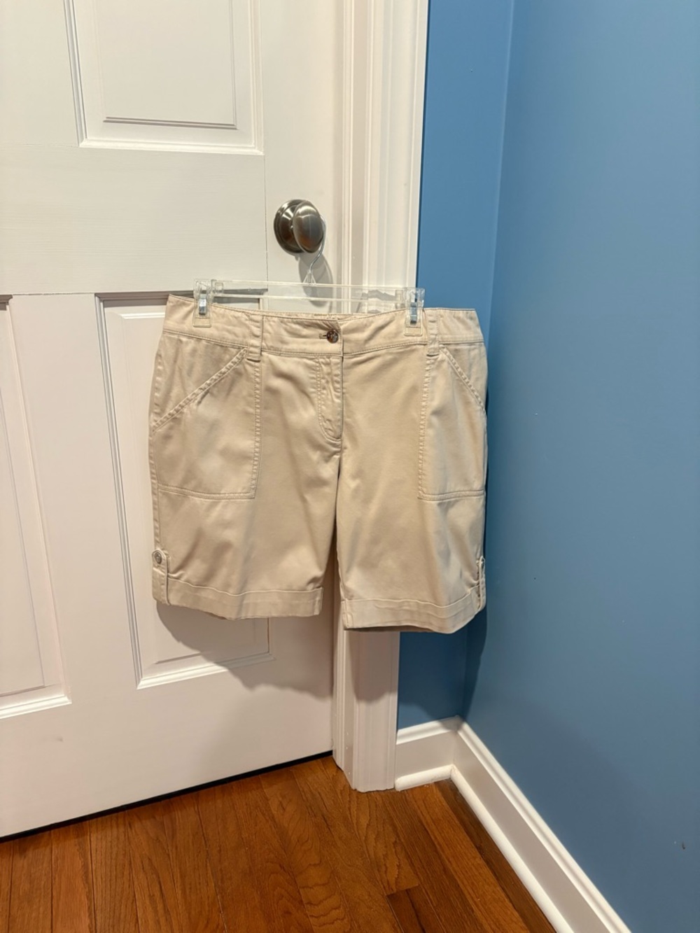 White House Black Market Cream Bermuda Shorts with Button Tab Hem
